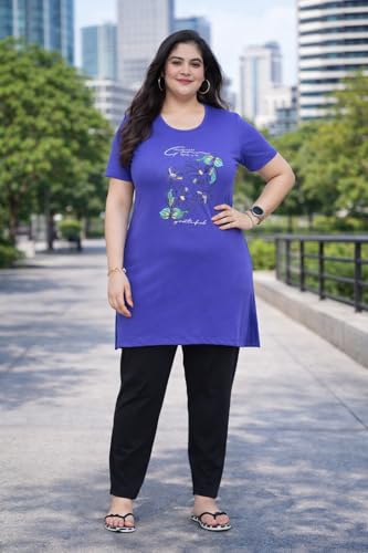 Image of RYSH Women's Printed Cotton Plus Size Longline T-Shirt with Pockets | Cotton fabric - soft longline T-shirt with easy plus-size fit