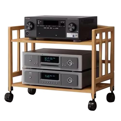 Estante de audio multifuncional de bambú, elegante mueble auxiliar AV con ruedas 2