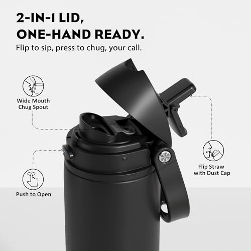 Image of POWCAN 24 oz Insulated Water Bottle: 2-in-1 Push-Button Spout & Quick-Flip Straw, Leakproof, Cold 24Hrs, Fits Car Cup Holder, Stainless Steel Water Bottle for Sports, Travel, School, Gift (Very Black)