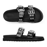Modatope Women Black Sandals Double Buckle Adjustable Flat Sandals Slip On Slides Sandals Platform Sandals Size 8.5