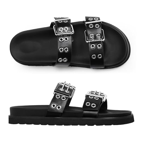 Modatope Womens Flat Sandals for Women Double Buckle Adjustable Slide Sandals Slip On Open Toe Platform Sandals