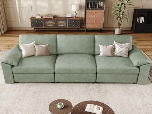 Image of EASE MOOSE 3 Seater Deep Seat Sectional Sofa,Scratch Resistant Faux Leather Material, Oversized Modular Couch,Classic Comfy Sofas for Small Spaces, Green