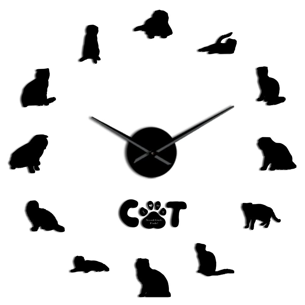 Scottish Fold Cat Mirror Effect Sticker DIY Wall Art Large Wall Clock Wall Decoration(Black,27in)