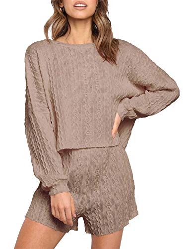 FARORO Women's 2 Piece Knit Outfits Casual Long Sleeve Tops and Shorts Pajama Set Pullover Loungewear Sets Khaki