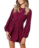 PRETTYGARDEN Women’s Elegant Long Lantern Sleeve Short Dress Crewneck Tie Waist Knit Cocktail Dress
