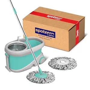 Spotzero by Milton Prime Stainless Steel Wringer Spin Mop with Big Wheel, Puller Handle, Bucket Floor Cleaning and Mopping System 360° Flexible,2 Microfiber Refills, Big Size, Aqua Green