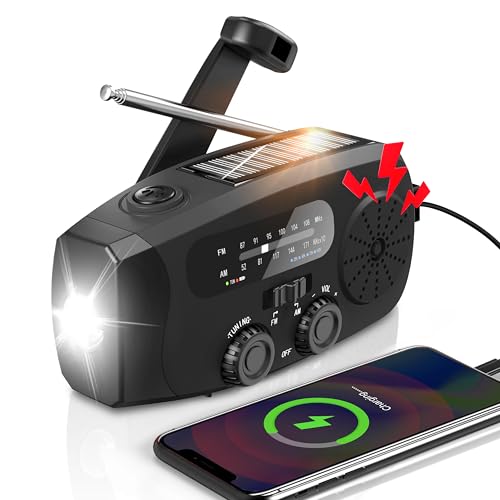 Wind Up Radio UK 2000mAh hand crank radio with AM/FM, Emergency Radio with Flashlight & SOS Alarm, solar radio for Camping, emergency survival kit (Black)