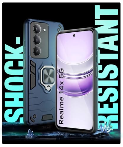 Image of WOW IMAGINE Shock Proof Back Case Mobile Cover for Realme 14x 5G | Back Cover Case (Tough Armor | Hybrid PC + TPU | Ring Holder & in-Built Kickstand | Blue)
