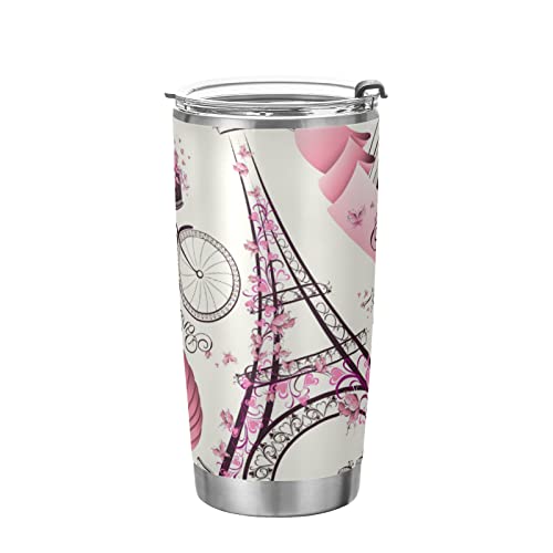xigua Vaso de 20 onzas con tapa y popote, acero inoxidable aislado al vacío, taza de café de agua, taza térmica de viaje de la Torre Eiffel de París, taza térmica para bebidas frías y calientes