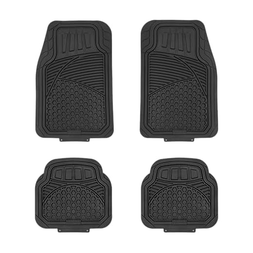 Amazon Basics Heavy Duty Car Floor Mat, PVC Faux Rubber, with Carpet Backing, Universal Deluxe All-Weather Trim to Fit for 95% Automotive SUV Sedans Trucks, 4-Piece, Solid Black