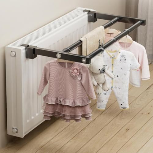 HpLive Porte-serviettes de radiateur extensible en acier inoxydable, séchoir à linge pliable, noir (50 cm à 90 cm)