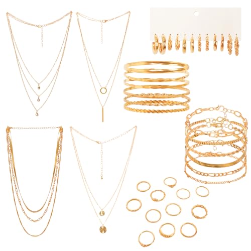 34pcs Gold Jewelry Set for Women Multi Layered Necklace Knuckle Rings Stackable Bracelets Dainty Earrings Fashion Jewelry set Anniversary Birthday Valentine Gift Pack for Women Girls