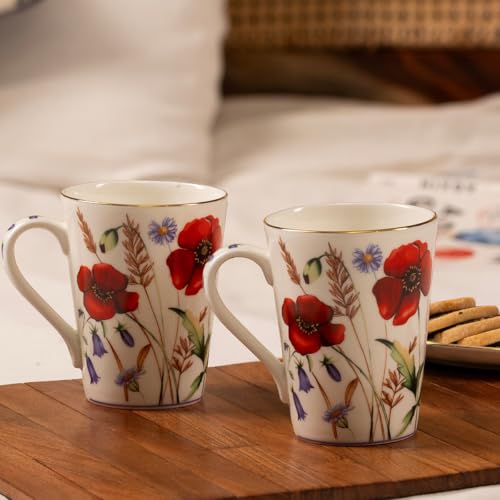 Image of GOLDEN QUEEN'S Mugs Set of 2 for Coffee, Tea, Milk - Ideal for Your Daily Beverage Ritual, Hosting & Casual Gatherings - Wild Poppy Florals (24K Gold on Rim)