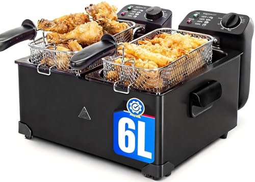 Aigostar Feast - Friggitrice doppia vasca. capacità totale 6L, 2 cestelli da 3L. Controllo termostatico, coperchi con finestre. Friggitrice elettrica professionale senza BPA.3600W