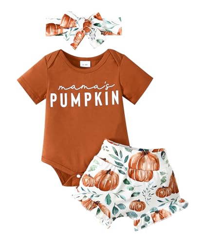 Image of Tinypainter Halloween/Thanksgiving Baby Girl Outfit Pumpkin Romper+Ruffle Shorts Set+Headband Newborn Fall Clothes Clothing
