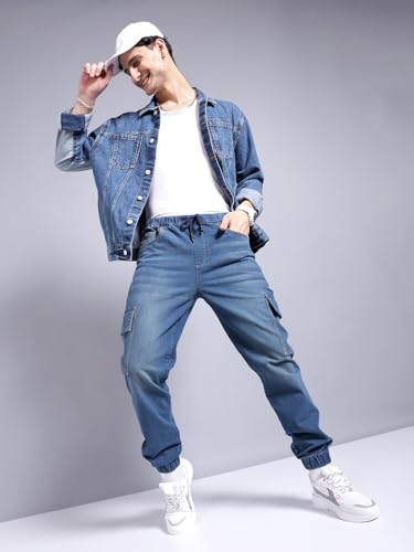 Image of The Indian Garage Co Men Regular Fit Solid Mid-Rise Stretchable Denim Cargo Joggers