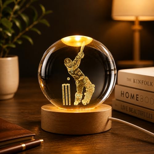 Image of COVACURE 3D Viratt Kohlii Crystal Ball Night Lamp, Viratt Kohl Crystal Ball Night Light with USB, LED Wooden Base Table Lamp for Bedroom Home Office Decoration Birthday Gift for Boys and Girls