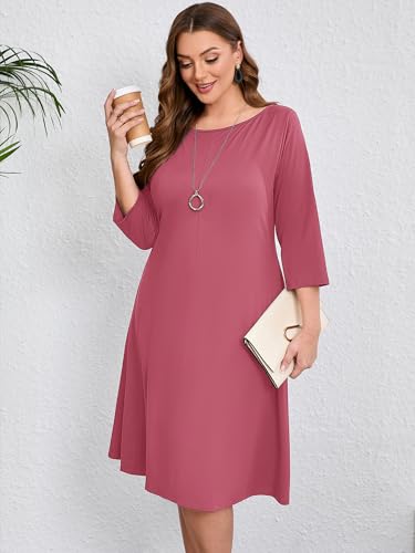Image of AusLook Women's Plus Midi Dresses Crew Neck A Line 3 /4 Sleeves Casual Elegant Loose Wedding Vacation Dress with Pockets