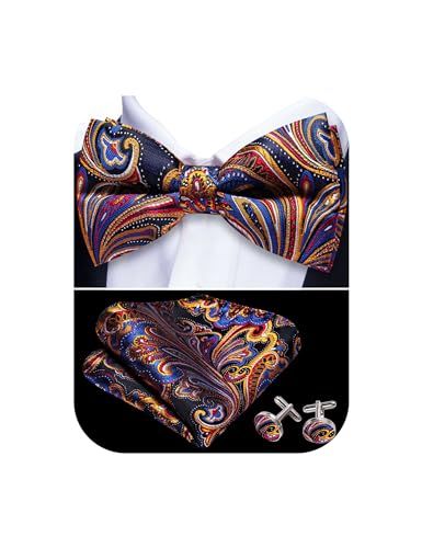 Image of YOHOWA Paisley Striped Men Bow Tie Pre-Tied Formal Adjustable Colorful Bowties Handkerchief Cufflinks Set Wedding Party