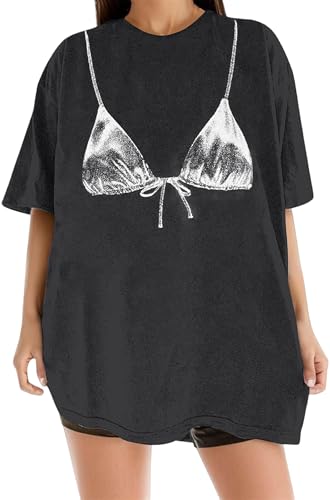 Seyumixi Women Bra Print Oversized Shirt Short Sleeve Graphic Print Tee Top Funny Bikini Tshirts Y2k Coquette Clothes(Bikini Black L)