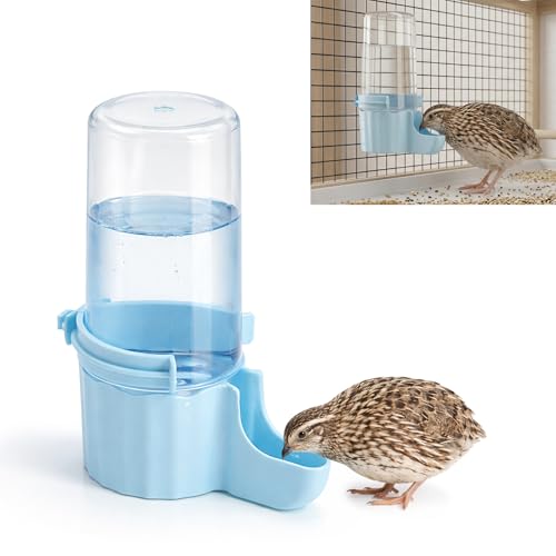 Quail Chick Waterer with Anti-Drowning Shallow Tray 16.6 fl oz Automatic Gravity Button Quail Waterer Hanging or Free-Standing Bird Water Dispenser for Wire Mesh Cages and Brooders (Blue)