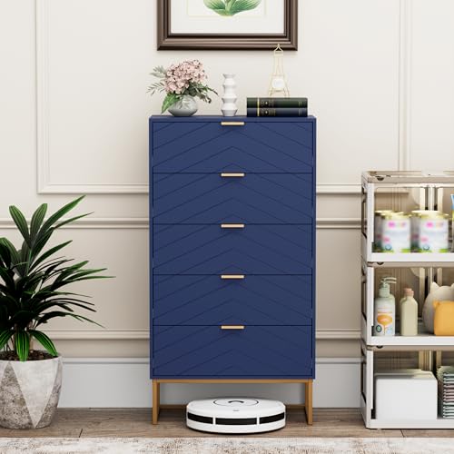 UEV Commode avec 5 Tiroirs 60cm, Meuble de Rangement, Motif de Lignes, Style Scandinave Elégant,...