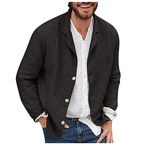 Men's Casual Suit Blazer Jackets Lightweight Linen Notched Collar Tailored Cardigan Tops Single-Breasted Sports Coats Black