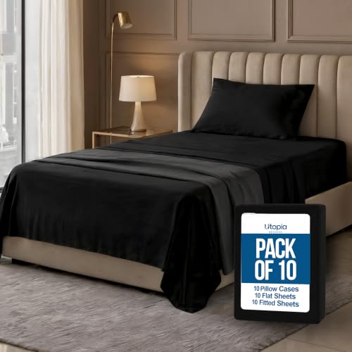 Image of 10-Pack Twin Size Hotel Sheet Set, Soft Brushed Microfiber Commercial Sheets, Resort Quality Bedding, Deep Pocket, Shrink & Fade Resistant, Easy Care, Black
