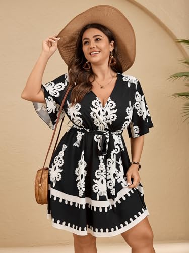 Image of SCOMCHIC Women's Plus Size Summer Dresses Short Sleeve Wrap V Neck A Line Skater Mini Short Dress XL-4XL