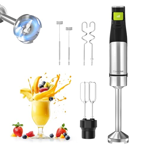 Consciot 4 in 1 Immersion Hand Blender Max 1100W, Corded Stick Emulsifier with Entire Stainless Steel Blender Shaft, Trigger Speed Control, For Blending, Beating, Frothing, Mixing & More, Non-BPA