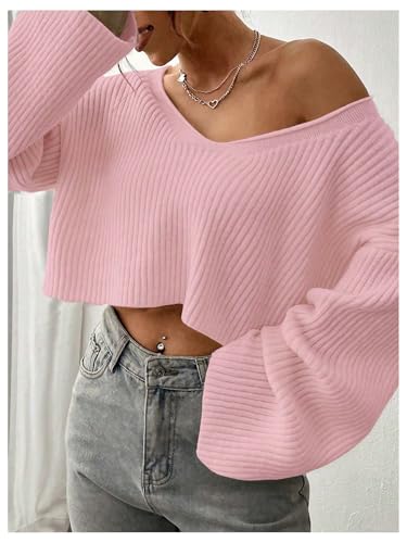 Image of Floerns Women's Long Sleeve Cropped Fall Pullover V Neck Drop Shoulder Rib Knit Sweaters Top