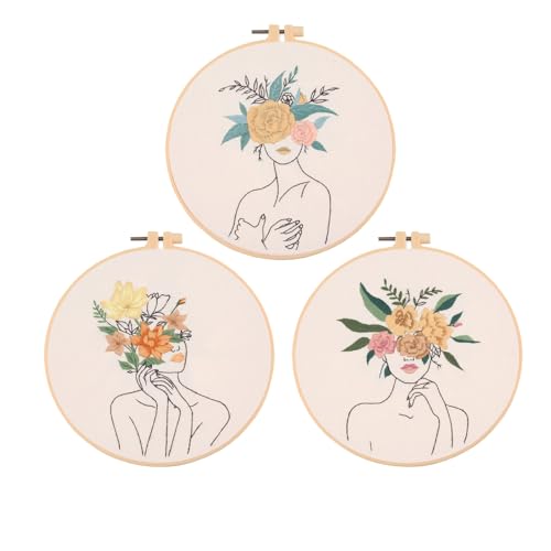 Image of Chenflying Embroidery Starter Kits, 1 /3 Sets Art Embroidery Kits for Beginners Adults with Embroidery Hoops Threads Needles and Instructions