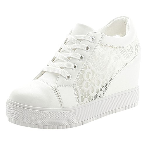 wealsex Baskets Compensées Femme PU Cuir Mesh Dentelle Sneaker Chaussures de Tennis (Blanche Dentelle,40)