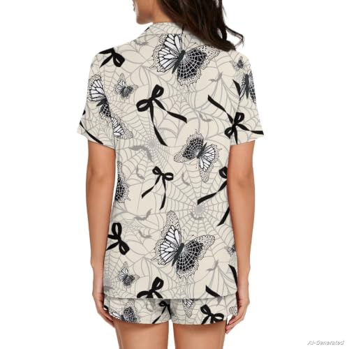 Image of Renewold Button Down Womens Pajama Set Short Sleeve Loungewear Bow Nightwear Sleepwear Night Suit Tops Shorts 2 Pieces