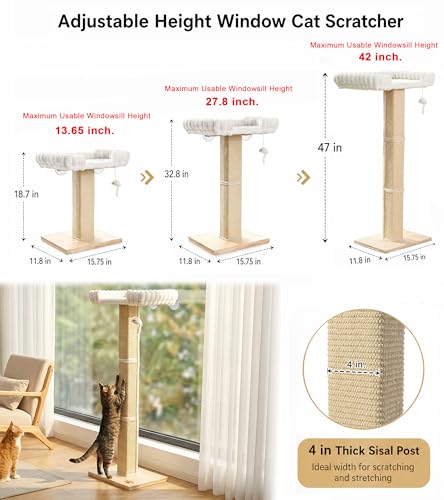 Image of Cat Scratching Post with Large Window Perch - SnugCloud Ultra Soft Bed with Bolster,Adjustable 47 inch Tall Sisal Scratcher Tree for Maine Coon Big Cat Climbing, Naping and Overlooking