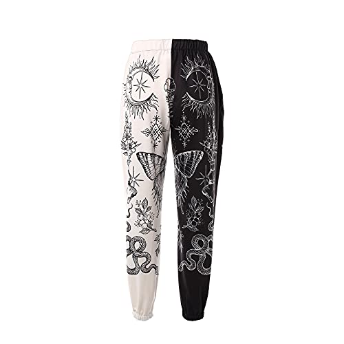 Amuver Women's Boho Hippie Harem Pants High Smocked Waist Printed Patchwork Sweatpants Yoga 90S Goth Baggy Casual Trousers White/Black #TOP3