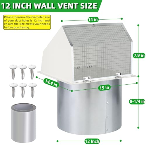 Image of 12 Inch Hooded Wall Vent with Screen and Damper, Outdoor Wall Exhaust Vent Cover Cap for Duct Dryer Range Hood Exterior Heating Cooling Ventilation and Outside Air Exhaust, Galvanized Steel, White