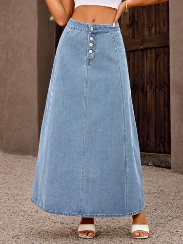 ebossy Women's Classic A-line Maxi Denim Skirts Casual High Waisted Button Fly Flared Long Jean Skirts3