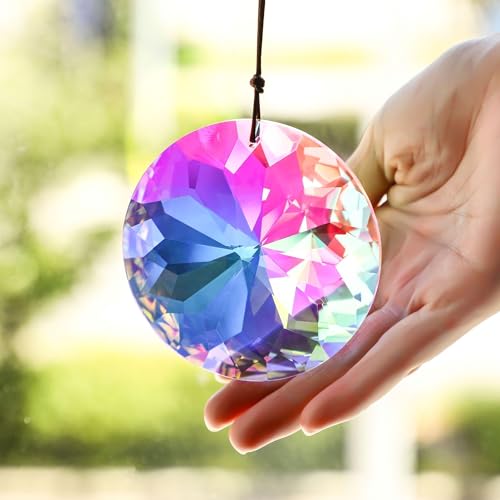 HDCRYSTALGIFTS Kristall Sonnenfänger zum Aufhängen 79 mm großer - Facettiertes AB-Farben Prisma für Fenster - Großer Regenbogenmacher, Kronleuchter Kristallanhänger - Garten Deko Ornament & Windspiel