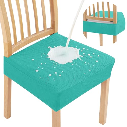 Image of Smiry Waterproof Seat Covers for Dining Room Chairs, No Rear Covers | Stretch Jacquard Removable Washable Chair Seat Slipcovers Protector, Set of 2, Teal
