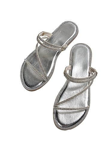 Image of GORGLITTER Women's Rhinestone Sparkly Metallic Strappy Flat Sandals Cute Toe Slip on Slide Sandals
