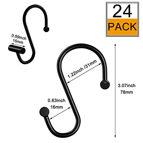 Shower Curtain Hooks Rings,Set Of 24 Rustproof Metal Shower Hooks For Shower Curtain,S Shaped Black Shower Curtain Rings For Bathroom,T-Bar Decorative Shower Hooks Hangers For Shower Curtain Rod #TOP2