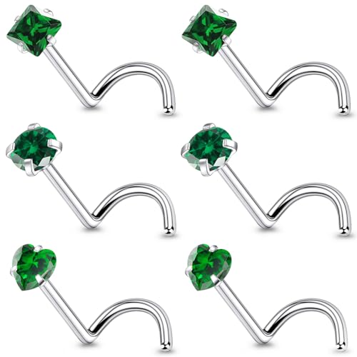 20G Astm F136 Titanium Nose Rings Studs Piercing Jewelry for Women L Shaped Corkscrew Straight Titanium Heart Nose Rings Studs Round Square CZ Nostril Piercing Jewelry for Women Men