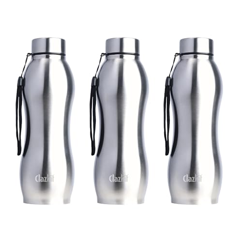 Image of Clazkit Platina Pro Classic Stainless Steel Water Bottle 1000ml Set of 3|ISI Certified|Leakproof, Rust-Free, BPA-Free, Durable for College, Fridge, Sports, Gym, Yoga & Office