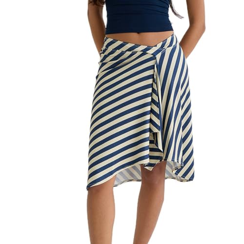 Women Y2k Striped Midi Wrap Skirt Casual Asymmetrical Low Waist Flowy Long Skirt Streetwear