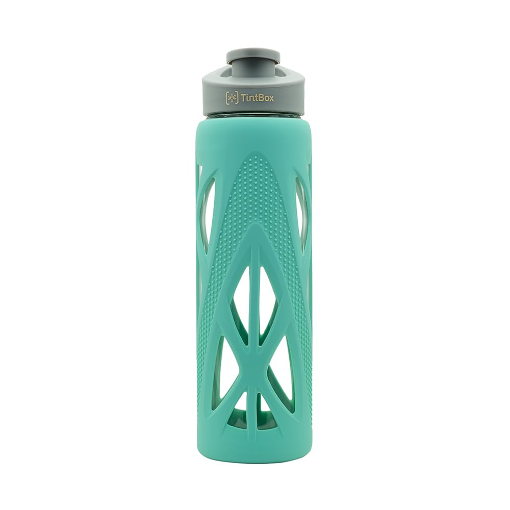 TintBox Borosilicate Glass Water Bottle with Silicone Sleeve | as seen on Shark Tank | perfect for Office, Home, Fridge, Gym, Travel | BPA Free | Cool Green | 750ml