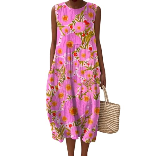 Mfhmom Musselin Kleid Damen Leicht und Luftig Leinen Sommerkleid Ärmellos Rundhals Strandkleid Casual Knielang Midikleid Vintage Blumendruck...