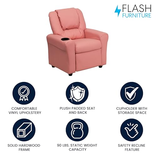 Image of Flash Furniture Vinyl Kids Recliner, Cup Holder, Pink
