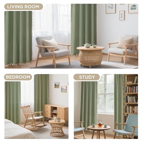 Image of Joydeco Linen Sage Green Boho Curtains 63 Inch, 2 Panels with Tassels | Super Soft Farmhouse Drapes, Semi Sheer Light Filtering, Natural Look for Bedroom Living Room, Modern Boho Decor