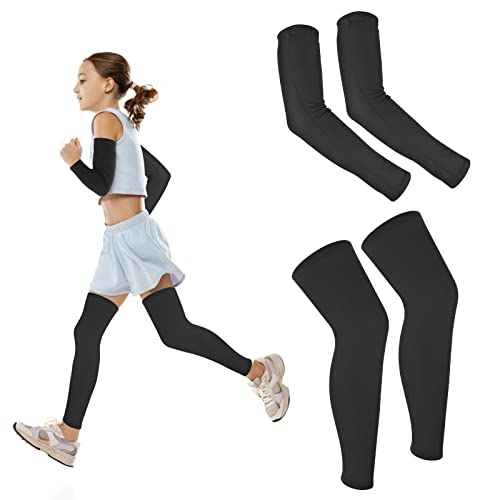 Sibba 2 Pairs Compression Leg Sleeve Arm Sleeve, Full Length Arm Sleeves Leg Sleeves For Kids, Compression Sports Sleeve For Running Baseball Cycling Basketball (Black) #TOP12